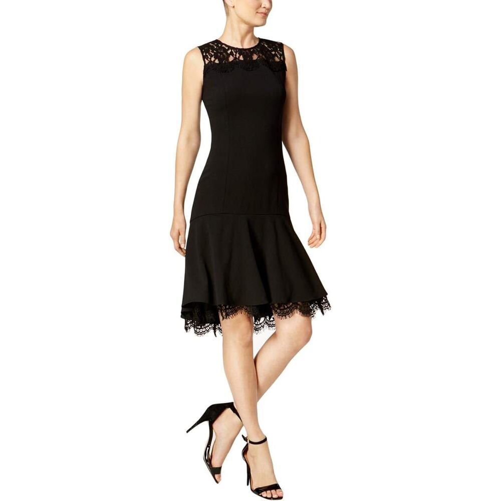 Calvin Klein Lace Trim A Line Sleeveless Dress Size 18W Black Cocktail Romantic